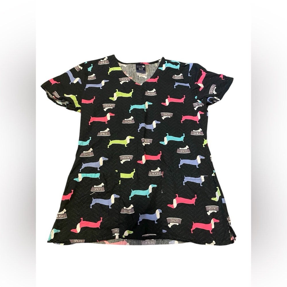 Zoe + Chloe Colorful Dachshund Print Black Scrub Top Size XS Women’s EUC